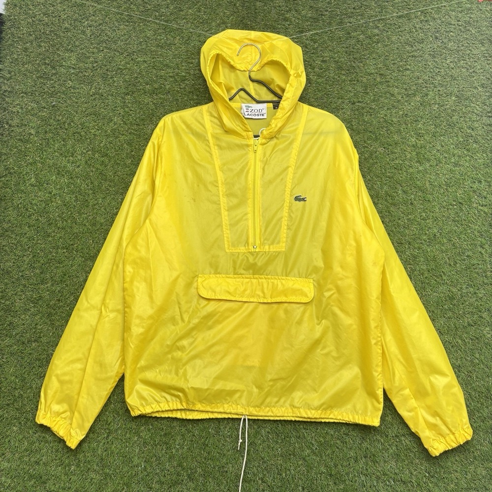 Vintage Izod Lacoste Jacket Mens Medium Yellow Hooded Windbreaker Anorak Zip 80s